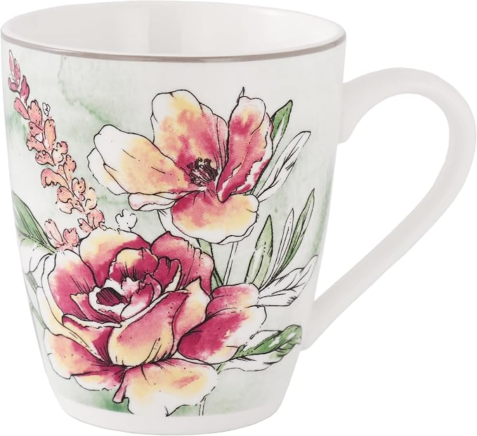 Lorren Home Trends Floral Rose Coffee Mug Set of 4, 12 Oz, Microwave and Dishwasher Safe, Bone China (PINK)