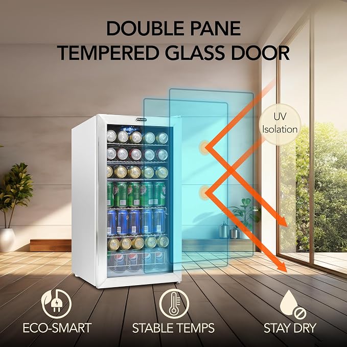 Whynter Beverage Refrigerator with Double-Layer Glass Door, 127-Can 3.1 Cu. Ft. Drink Mini Fridge with Lock, BR-128WS, Stainless Steel