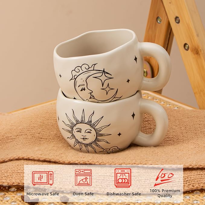 4pcs Boho Style Ceramic Moon and Sun Mugs, 9.4OZ Cute Coffee Cup Set, Matte Cream Color, Dishwasher Safe, Gift for Women/Couples