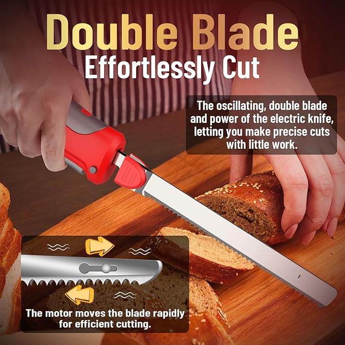 Cordless Electric Knife Easy Slice and Assemble with Storage Case, Serrated Edge Blades Carving Set with Ergonomic Handle and Safety Lock for Turkey, Meat, Bread, Ribs, Fillet and Foam