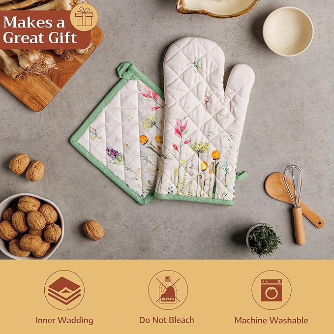 Maison d' Hermine Pot Holders 100% Cotton Heat Resistant Potholders 8" x 8" Hot Pads with Loop BBQ Cooking Baking Gifts for Mothers Day Handling Hot Pans Spring/Summer(Pack of 2, Botanical Fresh)