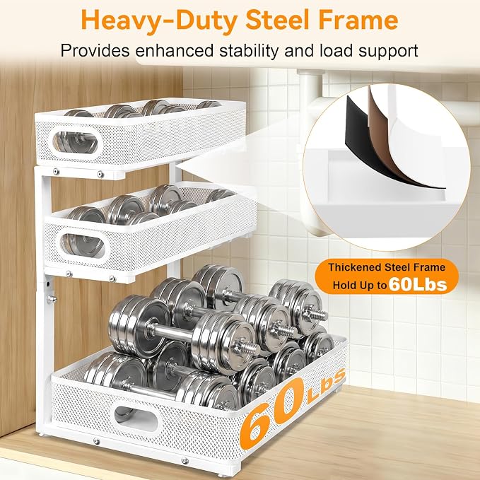 Under Sink Organizer for Bathroom, 3 Tier Adjustable Height Under Sink Storage, Sliding Pull Out Cabinet Organizer Shelf, Metal Multi-Purpose Cabinet Organizer for Kitchen (1 Pack, White)