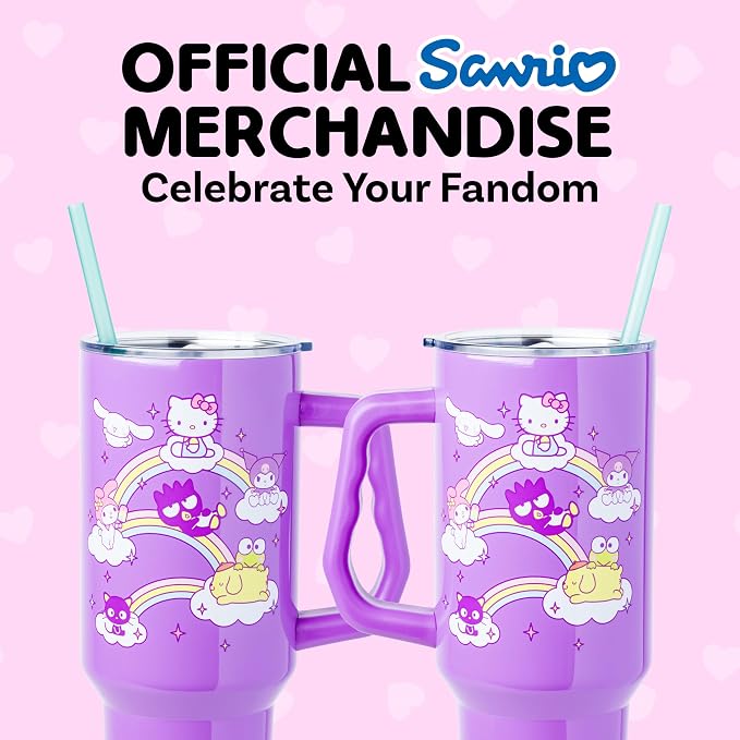 Silver Buffalo Sanrio Hello Kitty and Friends Featuring My Melody, Cinnamoroll, Kuromi, Chococat, Badtz-Maru, Keroppi, and Pompompurin Double Walled Stainless Steel Tumbler with Handle, 40 Ounces