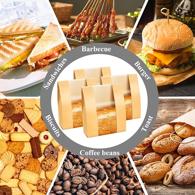 ONLYFU 200 Pack Paper Sourdough Bread Bags, 14" x 8.3" x 3.5" Large Baked Cookies Storage Bag with Clear Window for Bakery Homemade Bread, Brown Bread Packaging Bags with 200 Label Seal Stickers