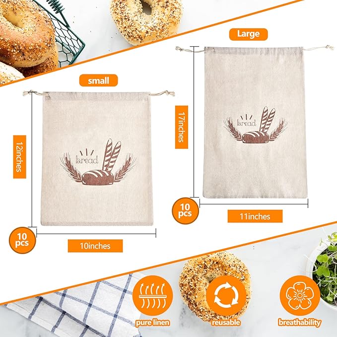 Dunzy 20 Pcs Linen Bread Bag for Homemade Bread Reusable 2 Sizes 10" x 12" and 11" x 17" Unbleached Container Drawstring Natural Bags Storage for Food Baking Kitchen Sandwich Bakery Picnic Wedding