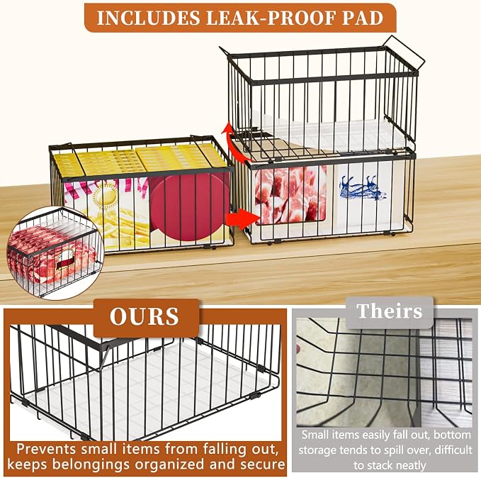 Large Freezer Organizer Bins, Upgrade Quick Expand/Collapse Feature, for 5-9 Cu.Ft Deep Freezer, 4 Pack Stackable Deep Freezer Organizer Bins, Black Wire Foldable Baskets (Black 4 Pack)