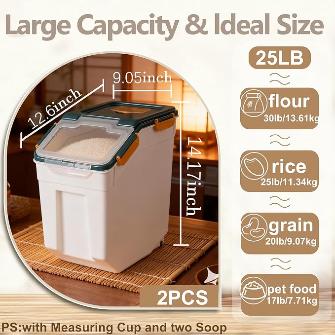 RUIAN 2Pcs Large Flour Storage Container Bin 25Lb Airtight Rice Storage Containers with Wheels Seal Locking Lid, BPA Free with Measuring Cup&Scoop for Flour, Rice, Grain(Blue)
