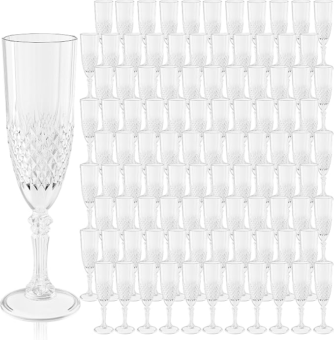 Plastic Champagne Flutes, Champagne Glasses Bulk, Reusable Unbreakable Acrylic Wine Glasses Goblets for Weddings Bachelor Parties Toasting Bridal Shower (100,Transparent)