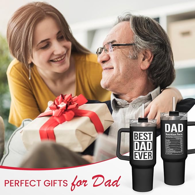SANDJEST Best Dad Ever Tumbler with Handle 40oz Stainless Steel Insulated Coffee Cup - Gift Set with Lid & Straw for Father’s Day, Birthday, Christmas