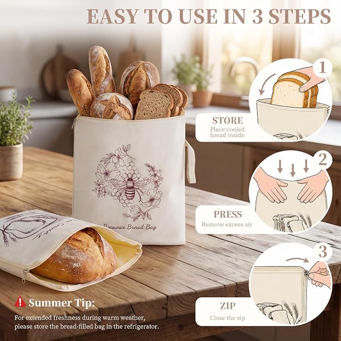 Beeswax Sourdough Bread Bags with Wide Zipper Access, 2 Pack XL 13" x 17" Reusable Linen Cotton Bread Bags for Homemade Bread, Helps Maintain Crust & Freshness (Double-Sided Print Design)
