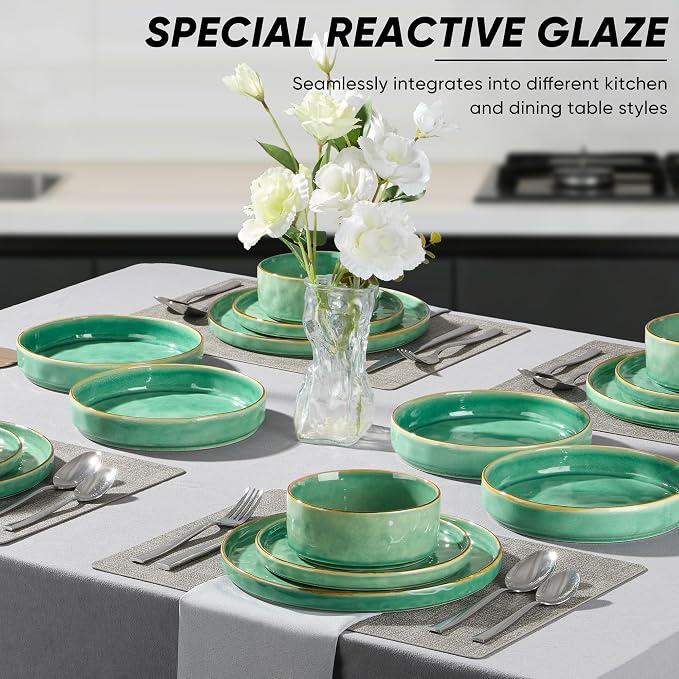 E-far 16-Piece Plates and Bowls Sets with Pasta Bowls - Stoneware Dinnerware Set for 4, Modern Ribbed Dishes, Microwave & Dishwasher Safe, Reactive Green