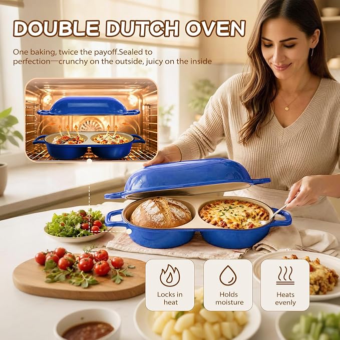 Mini Double Dutch Oven for Sourdough Bread Baking – Enameled Cast Iron Bread Pan with Lid, 500°F Oven Safe Non-Stick, Dual Round Loaf Space (6inch Diameter), Bake Two Different Loaves at Once, Includes 2×5" Banneton Proofing Baskets(blue)