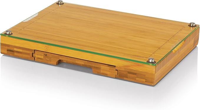 TOSCANA - a Picnic Time brand Concerto Glass Top Cheese and Knife Set - Charcuterie Set - Glass Top Cutting Board, (Bamboo)
