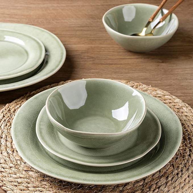 AmorArc Ceramic Dinnerware Sets, Handmade Stoneware Reactive Glaze Plates and Bowls Set, Scratch Resistant | Dishwasher & Microwave Safe, Service for 4 (12pc)