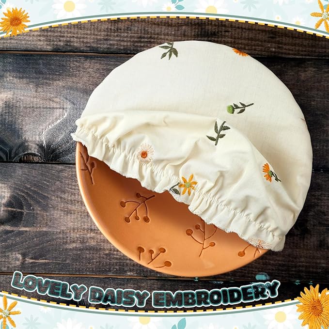 Patelai 10 Pcs Bowl Covers Reusable in 5 Size Stretch Cloth Fabric Elastic Food Storage Bowl Covers Bread Sourdough Lids for Proofing Food Fruits Leftover(Yellow, Green, White,Embroidery Daisy)