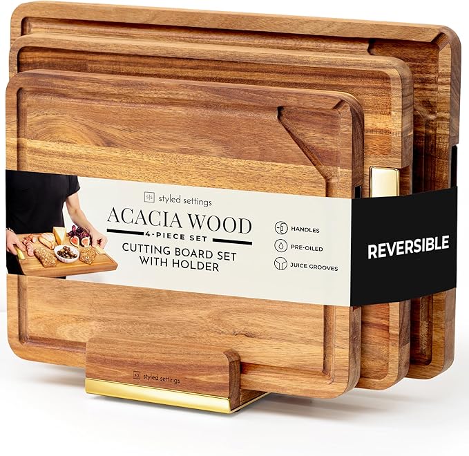 Acacia Wood Cutting Board Set with Holder – 4 Piece Wooden Cutting Board Set with Stand – Reversible Charcuterie Tray with Juice Grooves and Gold Handles – Stylish Kitchen Gift