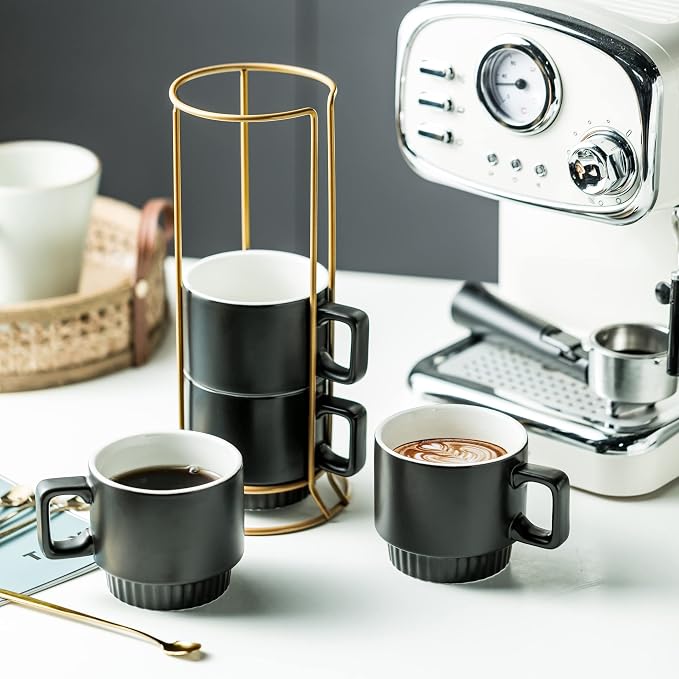 Miamolo Stackable Coffee Mugs with Stand Set of 4, Space-saving Storage | 11oz, Ceramic Latte Mugs | for Espresso Cappuccino Tea Hot Cocoa | Dishwasher & Microwave Safe | Housewarming Gift | Black