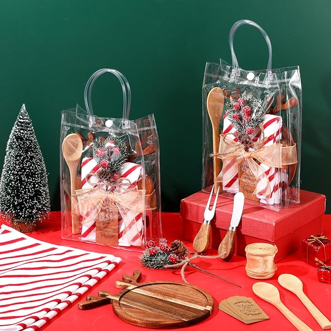 Potchen 12 Set Christmas Kitchen Gifts Wood Cheese Board Fork Spoon Butter Spreaders Dish Cloth Thank You Card Ribbon and Gift Bags for Merry Christmas Cooking Serving Xmas Utensils Gifts (Reindeer)