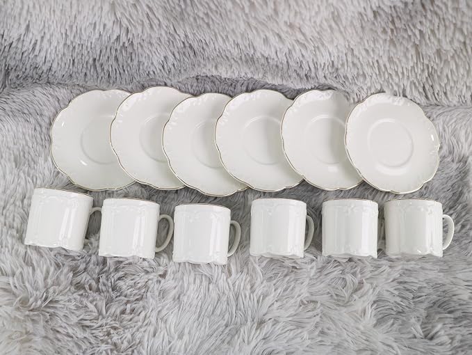 GuangYang 3oz Fine Porcelain Espresso Cups and Saucers,Embossed White with Gold Trim, Demitasse Cup Set for Espresso,Double Espresso,Macchiato,After-dinner coffee servings