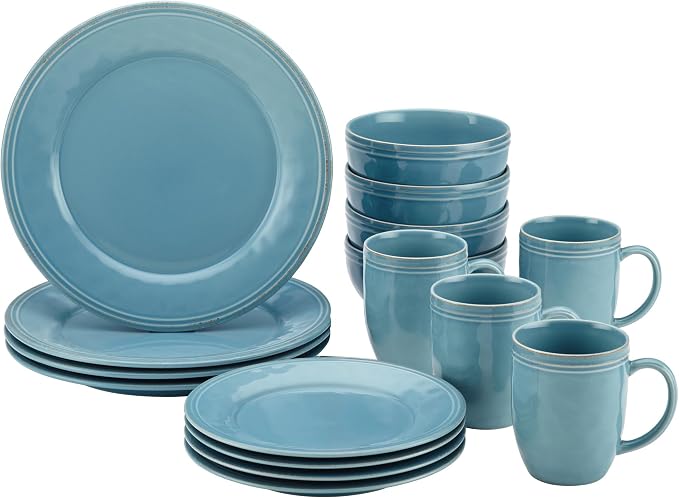 Rachael Ray Cucina Dinnerware 16-Piece Stoneware Dinnerware Set, Agave Blue