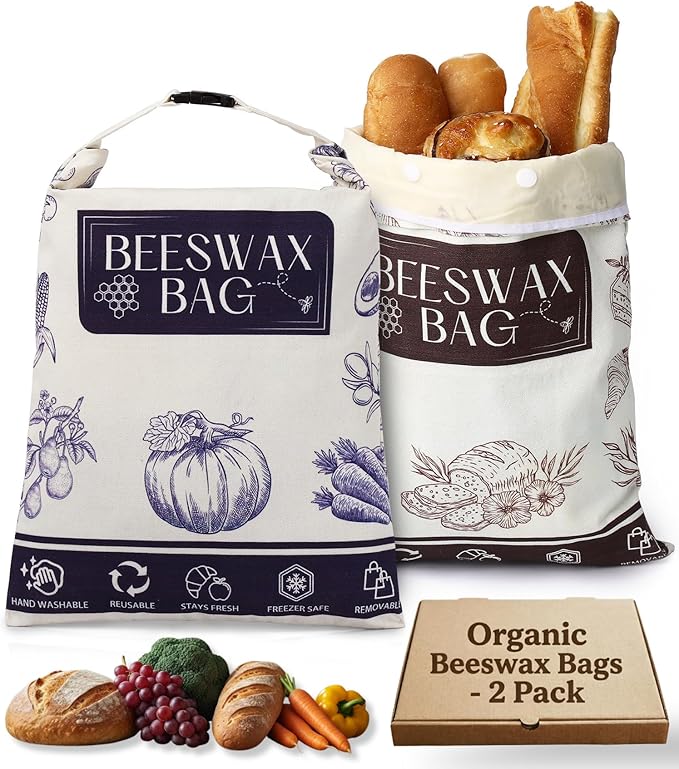 2 Pack Organic Beeswax Bread Bags for Bread & Sourdough, XL Organic Linen Reusable Bread Storage Bag with Removable Double Bags for Easy Cleaning, Food-Safe, Plastic-Free, Keeps Bakes Fresh Longer | Reusable, Non-Plastic, Removable Bags, Eco-Friendly