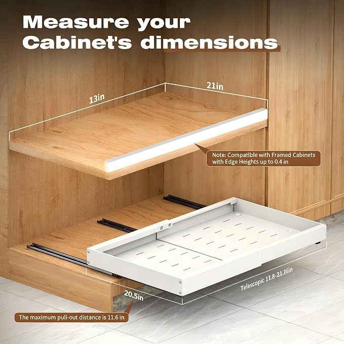 2 Pack Pull Out Cabinet Organizer Expandable,Adjustable 12-21 Inch Width Slide Out Drawer Shelves,Painted Carbon Steel with Heightening Pad,No Drill,for Kitchen/Bathroom/Pantry/Under Sink/Laundry Room