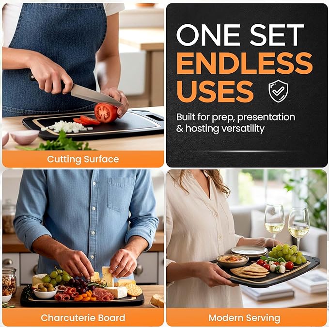 Composite Wood Cutting Board Set of 3 – Built In Juice Groove, Dishwasher Safe, Non-Toxic & Cutting Boards for Kitchen – Large, Medium & Small Non-Slip Wood Charcuterie & Chopping Boards (Black/Tan)