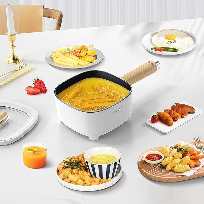 Audecook Hot Pot Electric 2L, Cermic Glaze Non-Stick Frying Pan 8 Inch, Portable Travel Cooker for Ramen/Steak/Fried Rice/Oatmeal/Soup, with Dual Power Control (Silicone Spatula Included)
