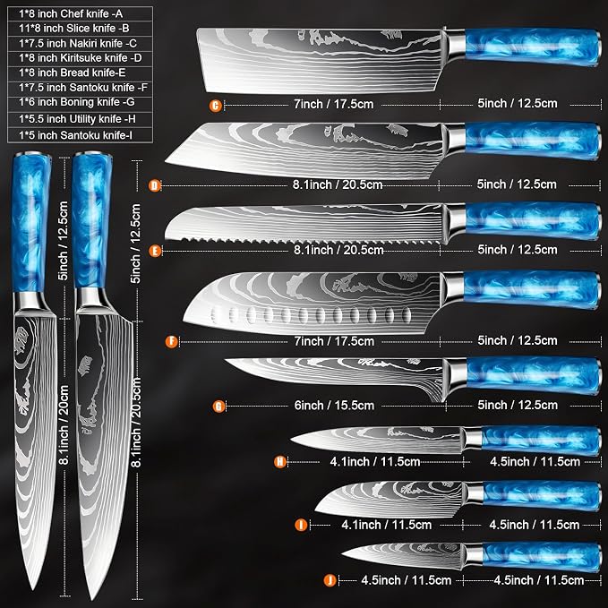 8-Piece Premium Japanese Kitchen Knife Set - Star Collection, Laser Damascus Pattern, 440A Stainless Steel Ultra Sharp for Fast Cutting (Blue 8J)