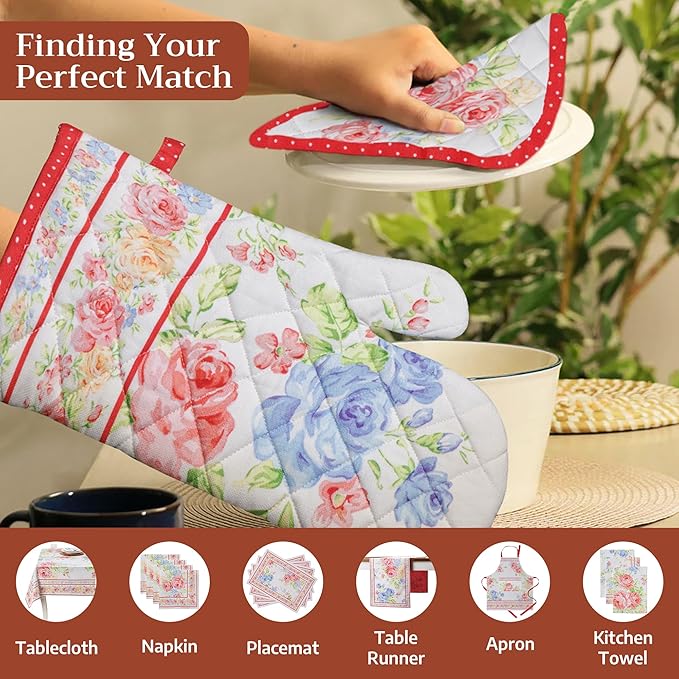 Maison d' Hermine Pot Holders 100% Cotton Heat Resistant Potholders 8" x 8" Hot Pads with Loop BBQ Cooking Baking Gifts for Mothers Day Handling Hot Pans Spring/Summer (Pack of 2, Vintage Floral)