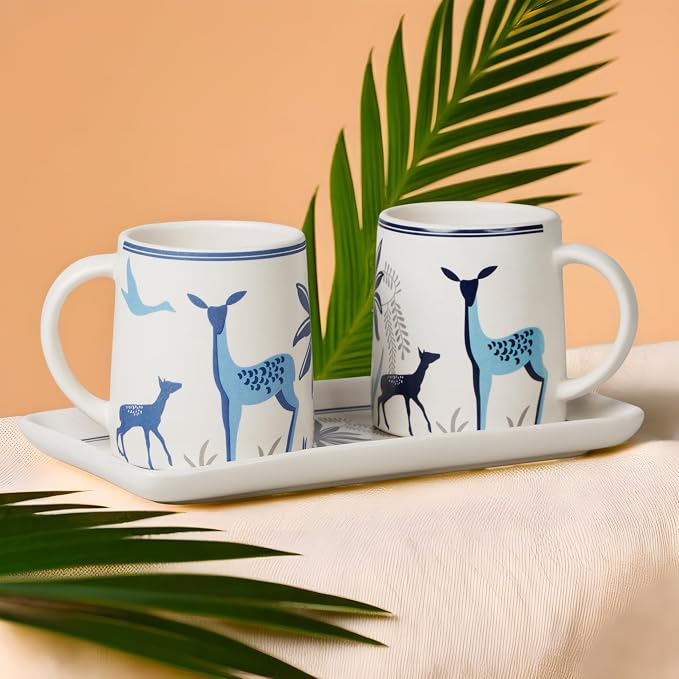 Ceramic Coffee Mugs with Handle Set – 2-Piece 11 Oz Ceramic Coffee Cups & 9" Tray, Handmade White Color, Microwave Safe Gift Set for Tea Lovers, Home Kitchen Décor