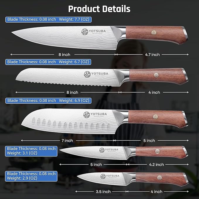 YOTSUBA 5 PCS Kitchen Knife Set, Professional Razor Sharp Japanese Knife Set, High Carbon Stainless Steel Chef Knives With Ergonomic Handle for Meat, Vegetable, Bread & Fruit