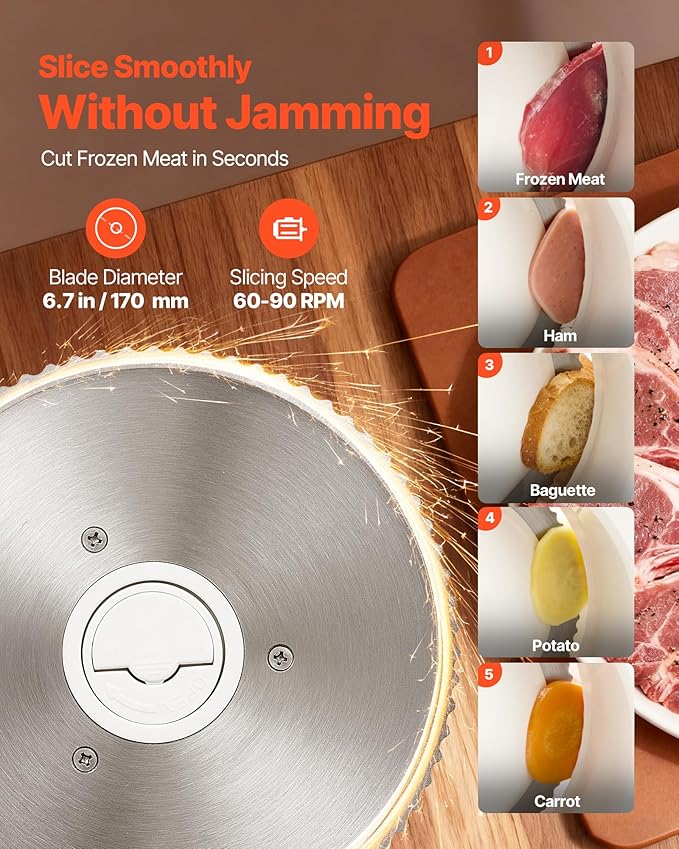 VEVOR Meat Slicer, 6.7" Foldable Electric Cutter with Dual Security Lock, 0-0.59" Adjustable Thickness, Easy to Clean, 180W Home Food-Slicer for Frozen Meat, Ham, Baguett, Steak