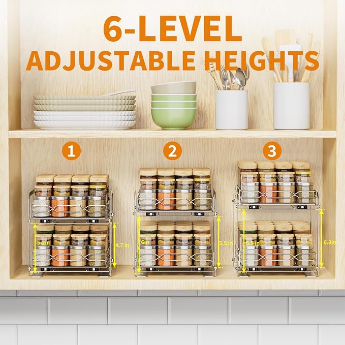 Pull Out Spice Rack Organizer for Inside Cabinet, 2 Tier Spice Rack Spice Organization for Cabinet 6 Height Adjustable, Seasoning Organizer, 9.2"W x 10.4"D x 9.8"H (Also for Cabinet with Lip)