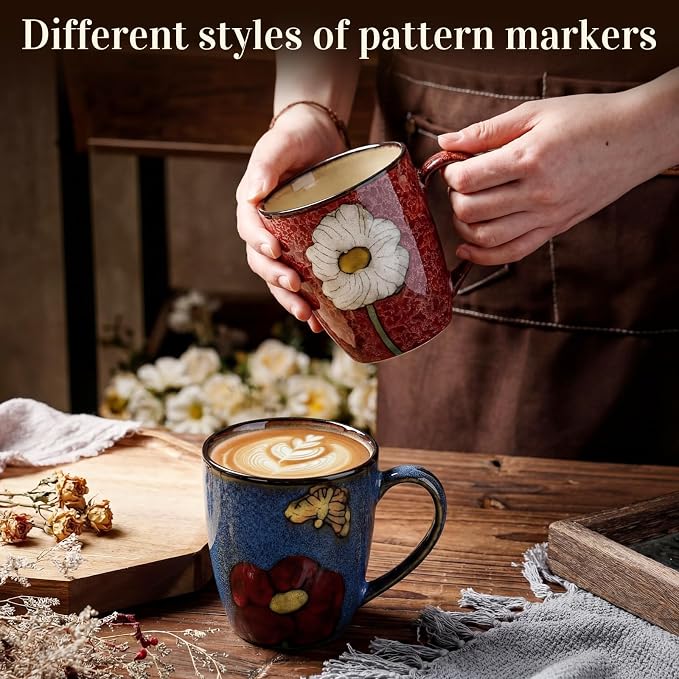 Maxdot 2 Pcs 12oz Ceramic Coffee Mugs Sets Glazing Process Cappuccino Mug Floral Ceramic Tea Cups Idea Gift Set for Women Porcelain Cup for Coffee, Cocoa, Tea, Latte (Retro) (Rustic)