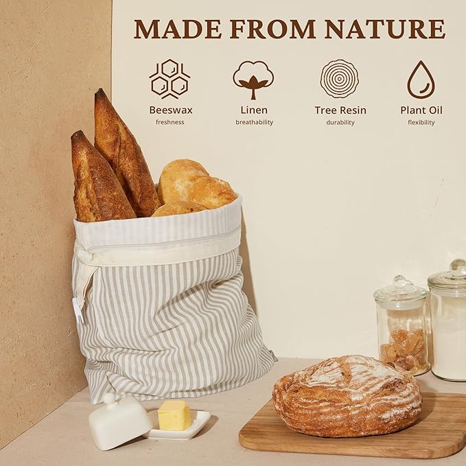 BRONYPRO Beeswax Bread Bags for Homemade Bread Sourdough, 2 Pack Reusable Sourdough Bread Bags with Zipper, Organic Beeswax & Linen Bread Storage, Eco-friendly & Long-latsing,Large 17x12.6in,Beige