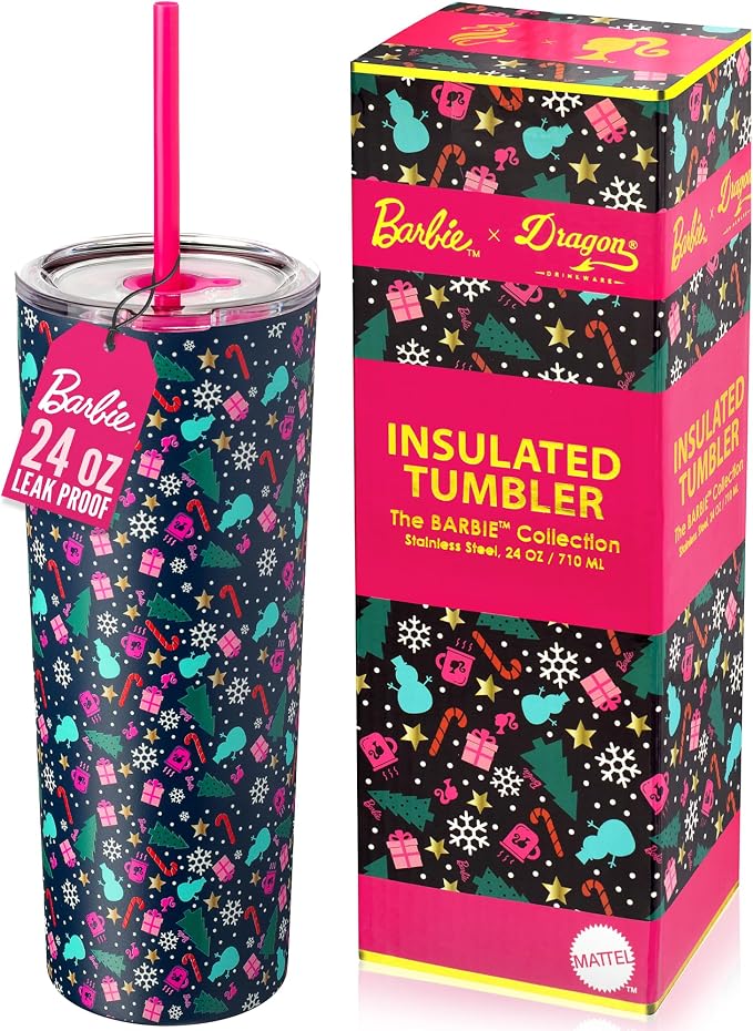 Dragon Glassware x Barbie Vacuum Insulated Tumbler, 24 oz - Christmas | Stainless Steel Tumbler with Straw & Lid; Double Walled Barbie Tumbler; Fits Cup Holders; Official Barbie Merch