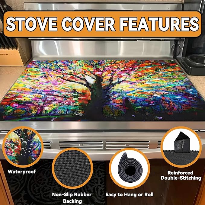 Decorative Stove Top Covers for Electric Stove 28"x20" – Heat Resistant Glass Cooktop Protector Dish Drying Mat – Non-Slip Rubber Backing Washer Top Cover Waterproof Extra Counter Space (Tree 2)