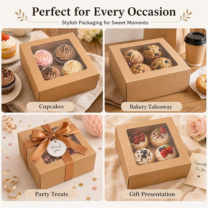 QTLCOHD 100Pcs Cupcake Boxes 4 Count with Window 6x6x3 Inch | Cupcake Containers Brown Cupcake Box Bulk for Cupcakes Muffins Cookies Pastries