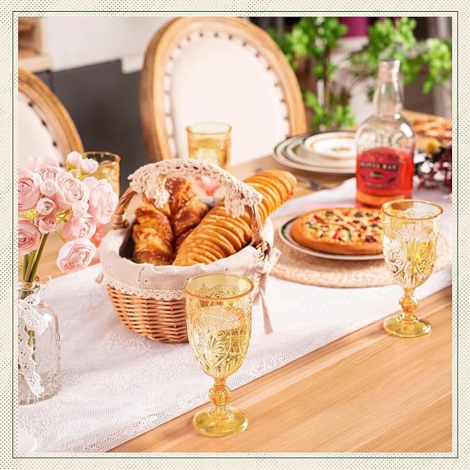 Wiwiqing 6 Pcs Plastic Goblets 7.5oz Vintage Goblet Plastic Wine Glasses Colored Retro Embossed Water Goblets for Wine Bar Juice Baby Shower Wedding Reception Grand Event Party (Amber)