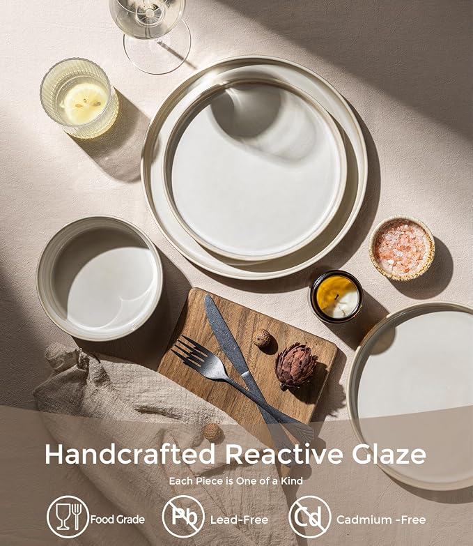 GBHOME 18-Piece Stoneware Dinnerware Set for 6 – Ribbed Ceramic Plates and Bowls, Scratch-Resistant, Microwave & Dishwasher Safe, Reactive Glaze, Oatmeal Veil