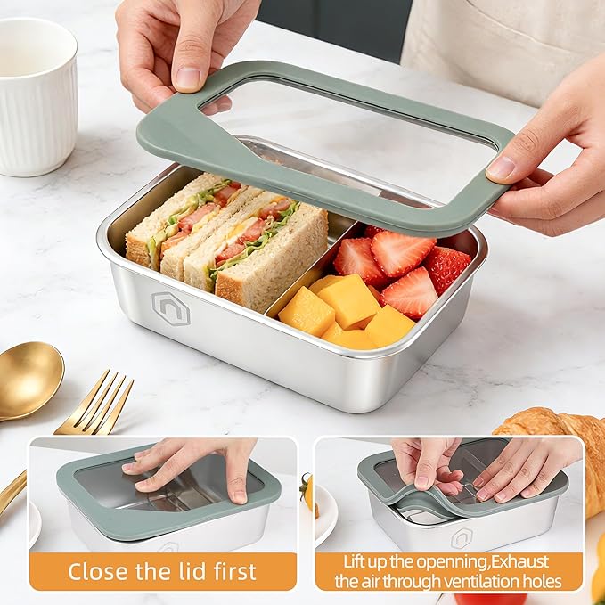 Stainless Steel Bento Box for Kids Adults, 1200ml/40oz with Removable Divider, Airtight Leak Proof Glass Lid, Freezer & Dishwasher Safe Lunch Box (40.58oz)