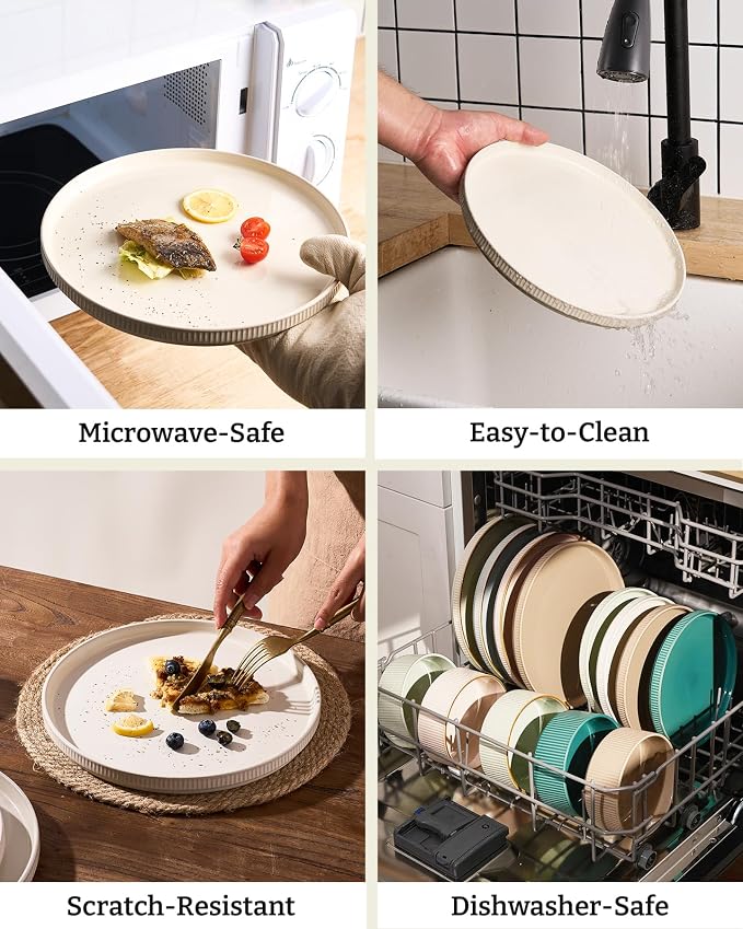 Famiware Star 18-Piece Stoneware Dinnerware Set for 6 – Oat, Ceramic Ribbed Plates and Bowls – Modern Rustic Dishes, Everyday & Formal Use – Chip & Scratch Resistant, Microwave & Dishwasher Safe