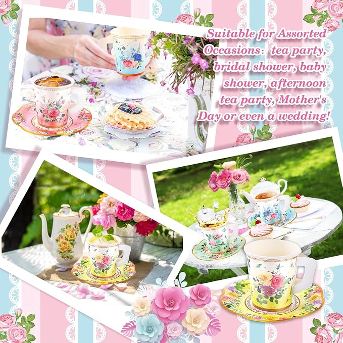 Jasni 168 Pcs Floral Paper Tea Cups and Saucers Set, Severs Disposable Tea Party Supplies 6 Inch Plate, Saucer, Napkin, Paper Tea Cups with Handle for Tea Party Decorations