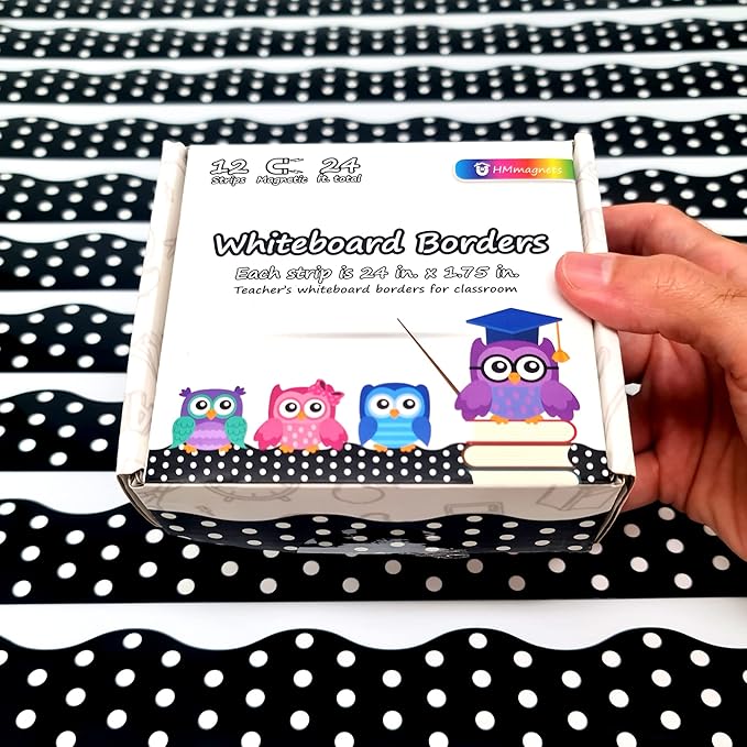 Strong & Wide Magnetic Borders for Classroom Whiteboard - Visible Magnetic Strips for Teachers (4 Designs Available) | Wavy Polka Dot - Black | 12 Strips of 24X1.75 Inch - 24 Feet Total