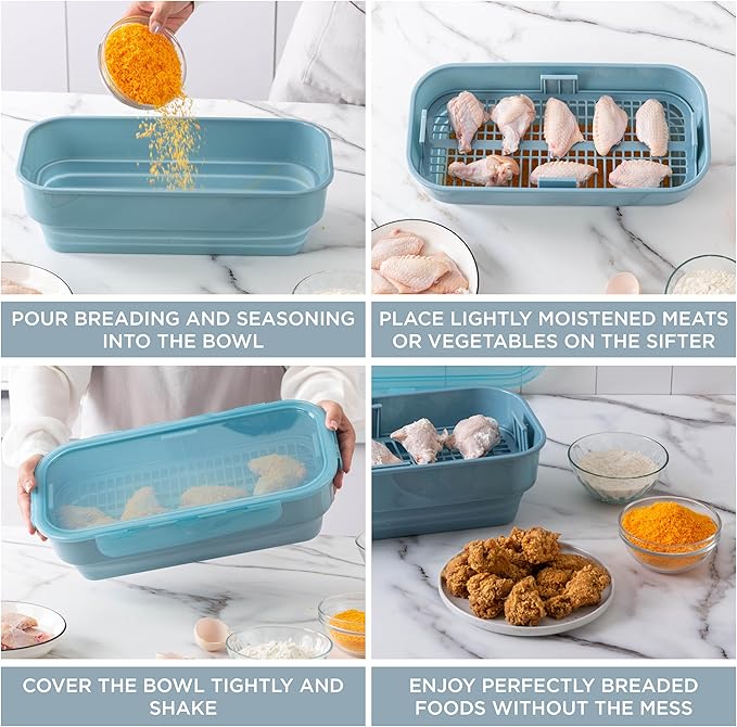 COOK WITH COLOR Collapsible Batter Bowl - Mess Free Breading Shaker Container - Great for Fried Fish, Fried Chicken, Onion Rings, Wings & More, Blue