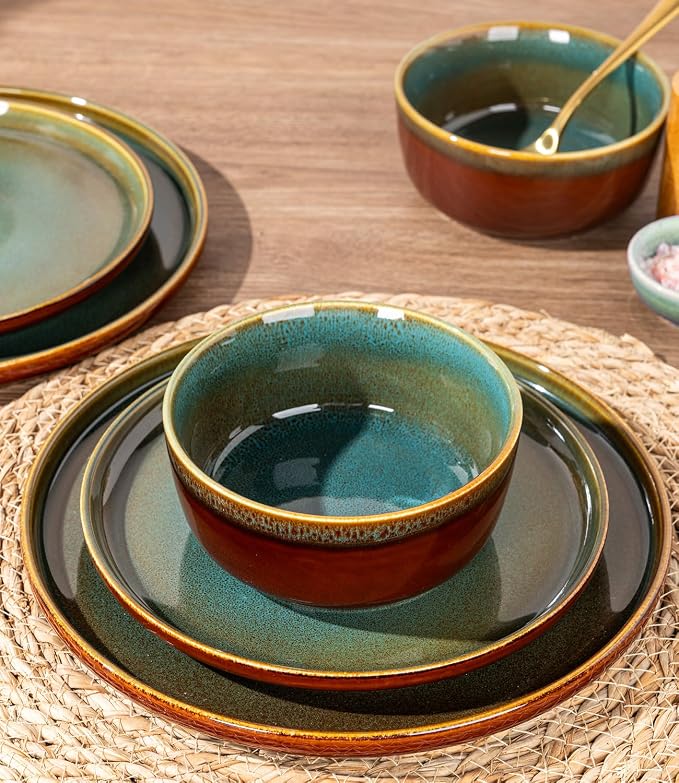 GBHOME Dinnerware Sets for 8, 24 Pieces Stoneware Plates and Bowls Sets, Scratch Resistant Dishes, Dishwasher & Microwave Safe, Reactive Glaze