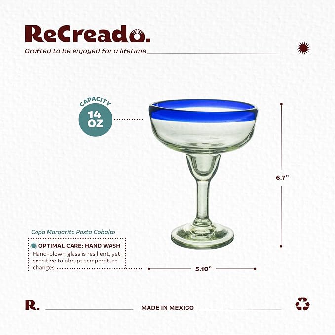 Cobalt Blue Rim Margarita Glasses Set of 4 – Hand Blown Mexican Glassware – 14 oz Recycled Glass Margarita Glass – Hand blown Mexican Drinking Glasses for Cocktails & Tequila