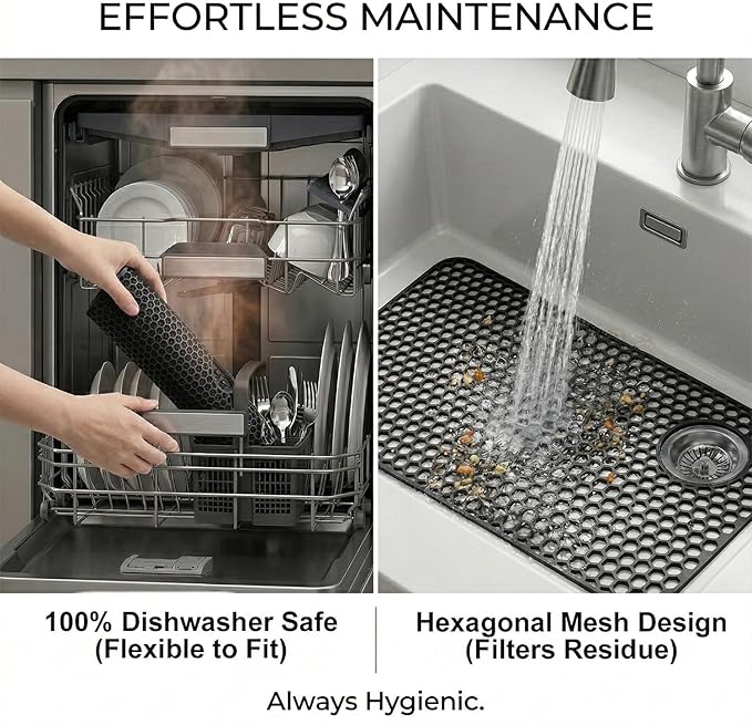 Silicone Sink Protectors for Kitchen - Non-Slip Heat Resistant Grid Mat for Farmhouse Porcelain Stainless Steel, Protects & Cushions Your Sink(Black 1PCS, 28.5"x14.5" Right-Side Drain)