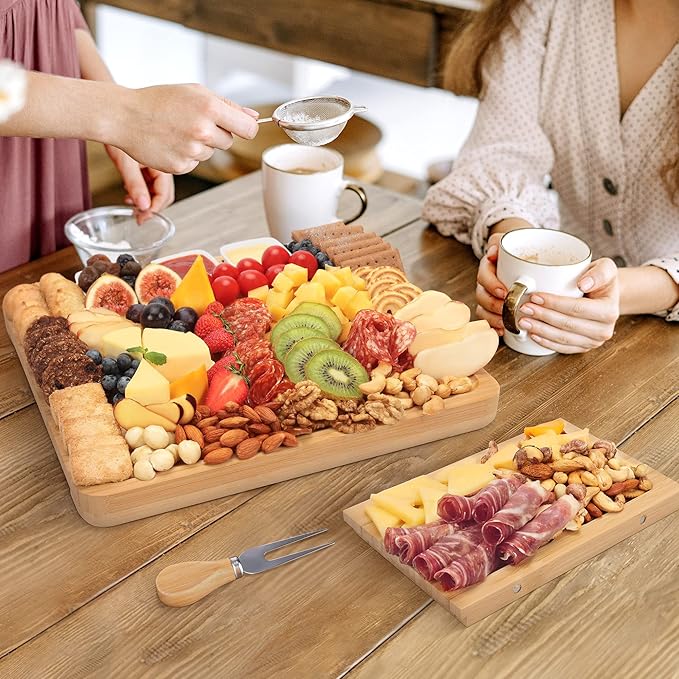 Charcuterie Board Set - FamRica Cheese Board with 2 Drawers, Bamboo Cheese Tray Serving - Unique, Wedding, Housewarming, Birthday Gifts